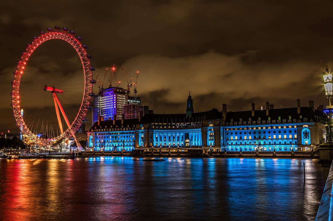 Panoramic view of the London Eye, the iconic giant Ferris wheel overlooking the River Thames, offering breathtaking views of the city skyline.