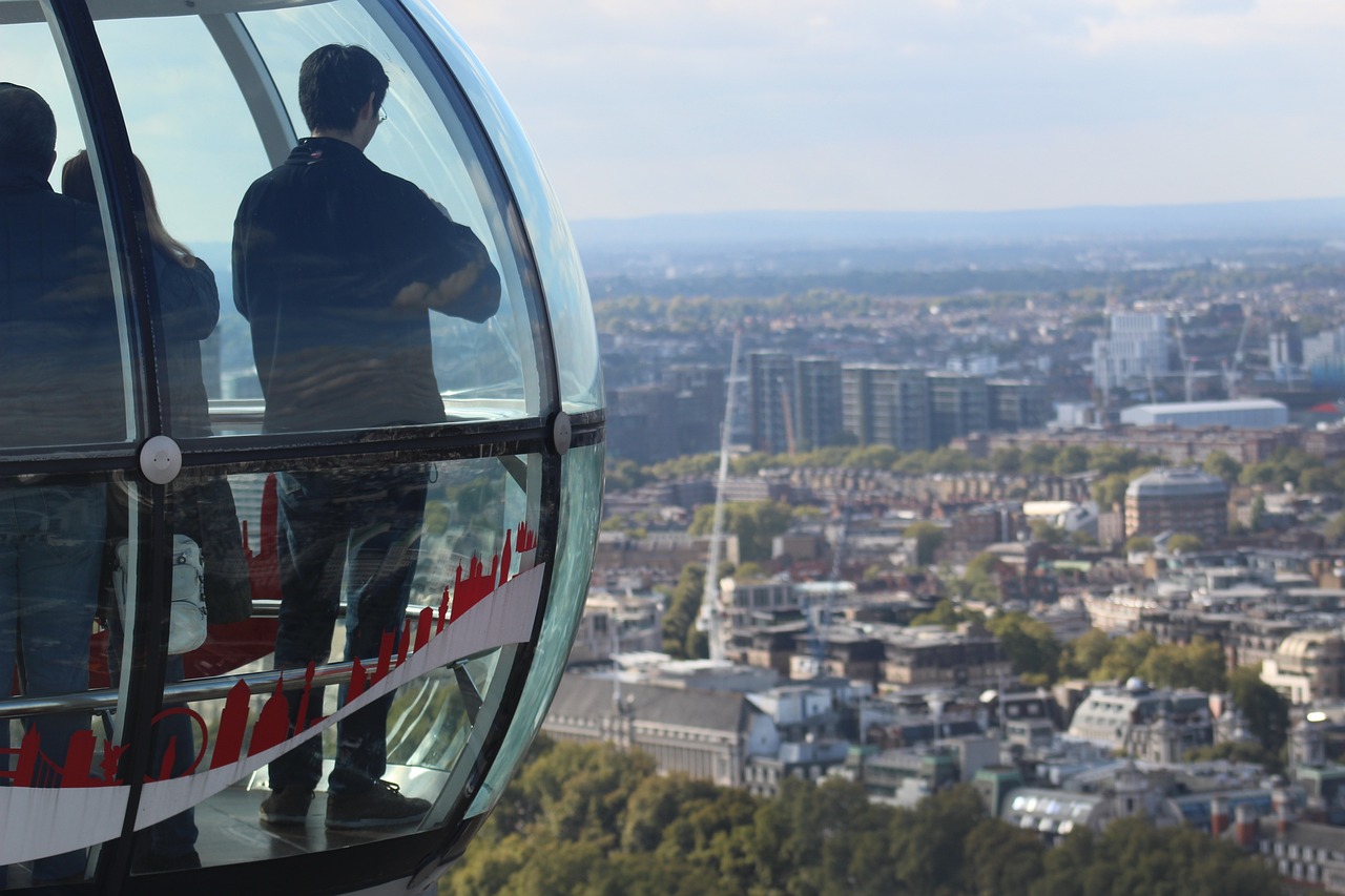 Panoramic view of the London Eye, the iconic giant Ferris wheel overlooking the River Thames, offering breathtaking views of the city skyline.