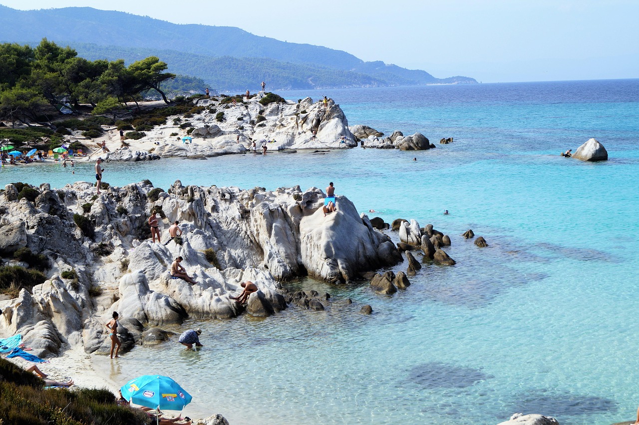 The turquoise waters and golden sands of a beach in Halkidiki.