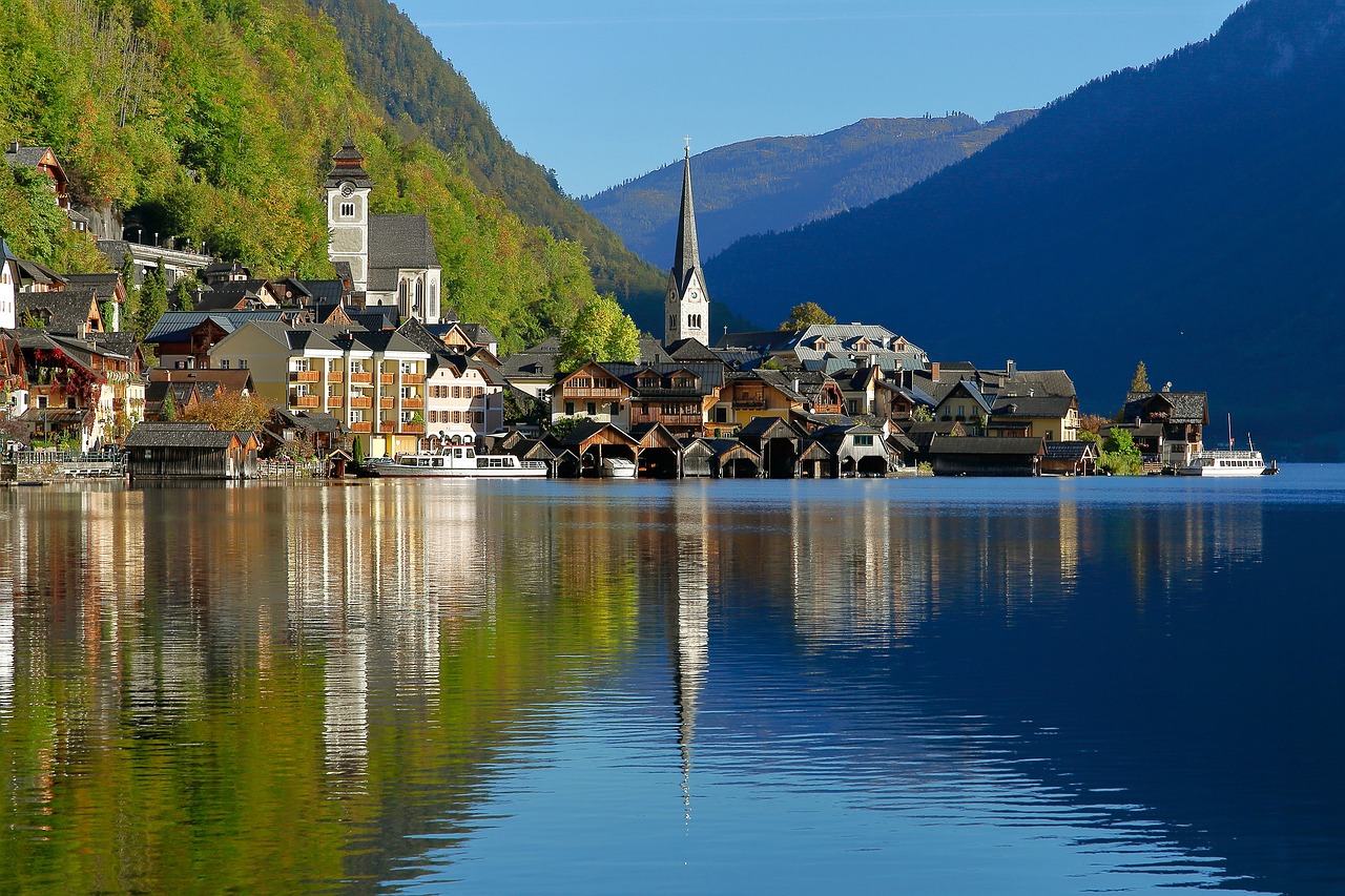 The charming Market Square in Hallstatt, surrounded by traditional buildings.